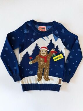 NWT Tipsy Elves Blue Bigfoot Winter Holiday Theme Crewneck Sweater Size Small